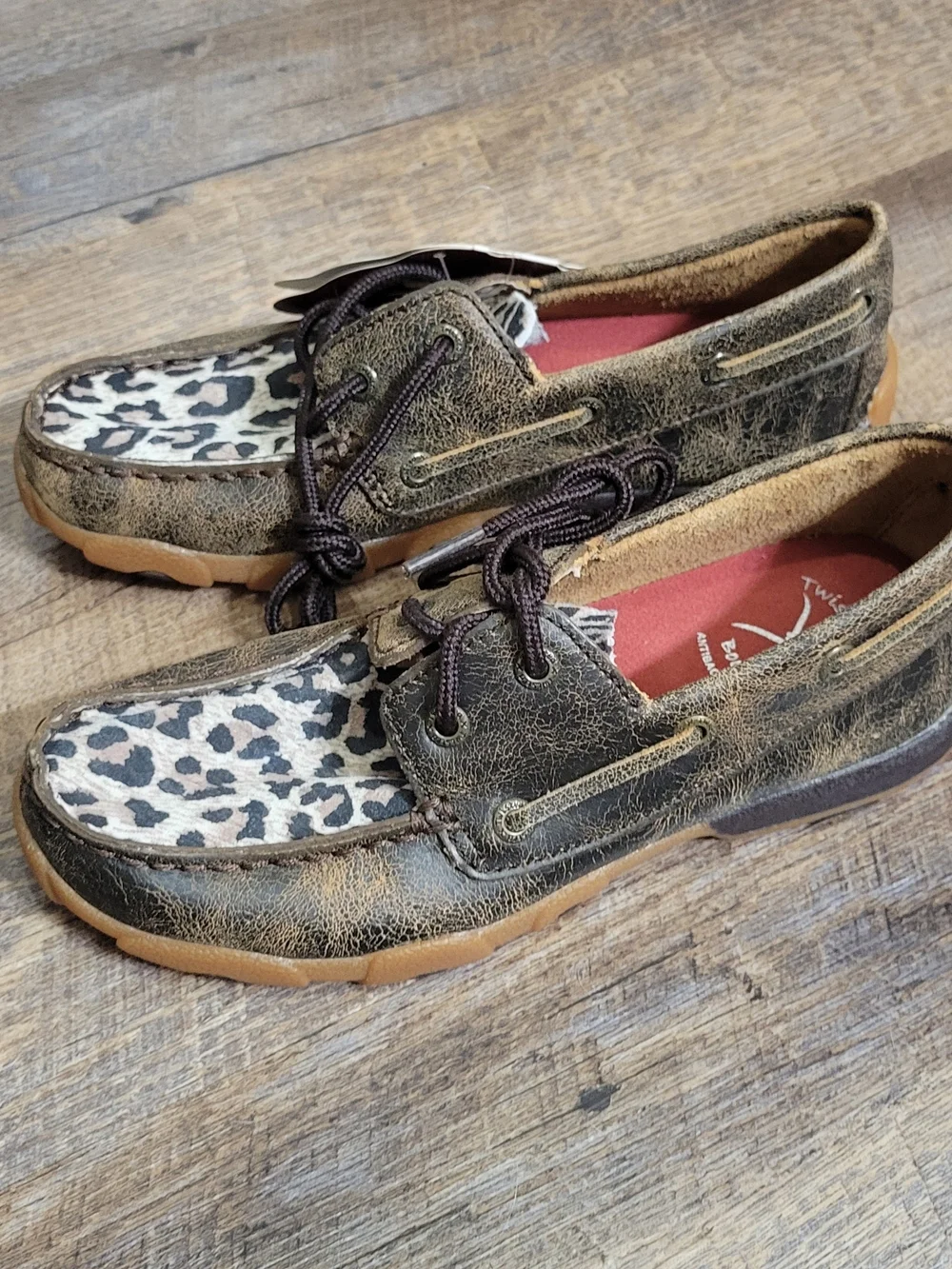 Twisted X Kids Brown Leather Boat Shoes with Leopard Print